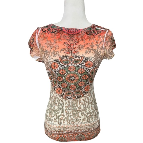 Y2K Semi-Sheer Boho Short Sleeve Top Medium - Picture 4 of 4